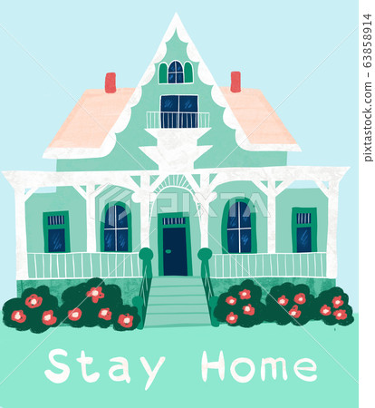 Victorian style house with Stay home quote. Corona virus banner for quarantine or self-isolation Victorian style house with Stay home quote. Corona virus banner for quarantine or self-isolation 63858914