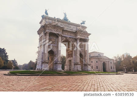 Triumphal arch called Arco della Pace means The Arch of Peace in Porta Sempione district in Milan, Lombardy region in Northern Italy 63859530