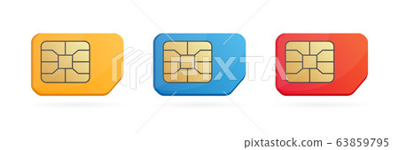 Colored SIM card set. Realistic mobile cellular phone sim-card. 63859795