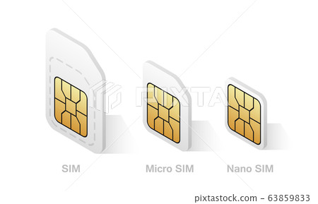 Set of different SIM card type in isometric style. Cellular phone card - Normal, Micro, Nano. 63859833