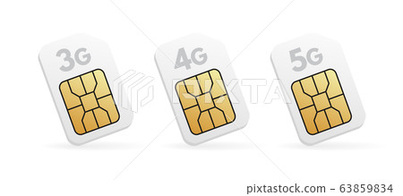 Realistic blank 3G, 4G, 5G Sim card types. Set of phone cards with various generation wireless technology. 63859834