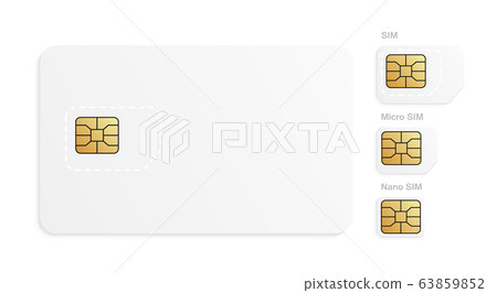 Realistic mobile SIM card set. Different phone card types - Normal, Micro, Nano Realistic mobile SIM card set. Different phone card types - Normal, Micro, Nano 63859852