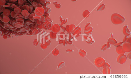 3d illustration of red blood cells background, blood clot. Scientific and medical microbiological concept. Enrichment with oxygen and important nutrients. Transfer of important elements in the blood. 63859961