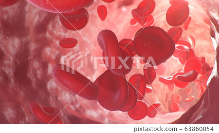 3d illustration of red blood cells inside an artery, vein. The flow of blood inside a living organism. Scientific and medical microbiological concept. Enrichment with oxygen and important nutrients. 3d illustration of red blood cells inside an artery, vein. The flow of blood inside a living organism. Scientific and medical microbiological concept. Enrichment with oxygen and important nutrients. 63860054