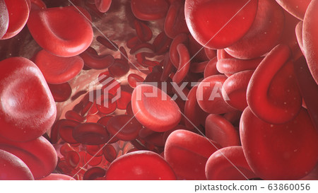3d illustration of red blood cells inside an artery, vein. The flow of blood inside a living organism. Scientific and medical microbiological concept. Enrichment with oxygen and important nutrients. 3d illustration of red blood cells inside an artery, vein. The flow of blood inside a living organism. Scientific and medical microbiological concept. Enrichment with oxygen and important nutrients. 63860056