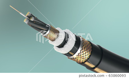 The concept of fiber optic cable on a colored background. Future cable technology. Detailed curved cable in cross section. Powerful communication technology. Network concept. 3d illustration The concept of fiber optic cable on a colored background. Future cable technology. Detailed curved cable in cross section. Powerful communication technology. Network concept. 3d illustration 63860093