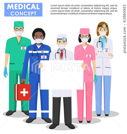 Medical concept. Detailed illustration of doctor and nurses in protective masks. Group of doctors man and woman standing together and holding empty placard. Virus, infection, epidemic, quarantine. 63860983