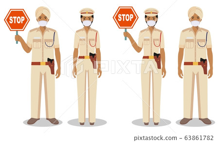 Police and quarantine concept. Couple of indian policeman and policewoman in traditional uniforms and protective masks standing together on white background in flat style. Vector illustration. 63861782
