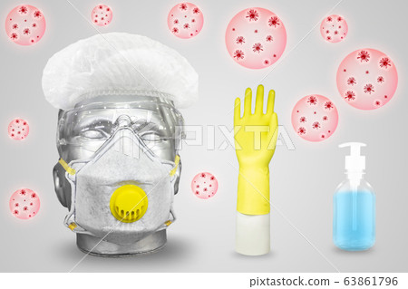White Polystyrene Foam Male Display Mannequin Head wearing protection Dust mask,Various types of n95 or protect from PM2.5, corona virus (covid-19) with safety glove and hand alcohol gel. 63861796