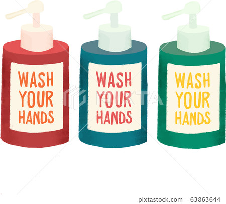Bottles of liquid soap vector icons. Wash your hands label. Flat style soap containers with 63863644