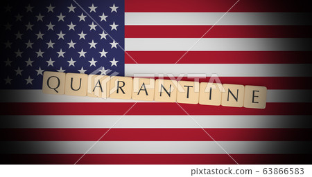 Letter Tiles Quarantine On US Flag, 3d illustration 63866583