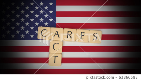 Letter Tiles CARES Act On US Flag, 3d illustration 63866585