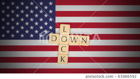 Letter Tiles Lockdown On US Flag, 3d illustration Letter Tiles Lockdown On US Flag, 3d illustration 63866592