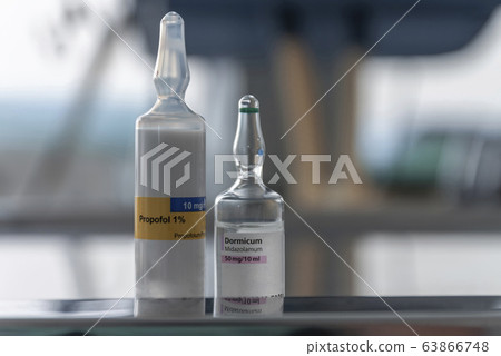 Vial of Propofol, and vial of Dormicum, injection drugs used in sedation for mechanically ventilated patient Vial of Propofol, and vial of Dormicum, injection drugs used in sedation for mechanically ventilated patient 63866748