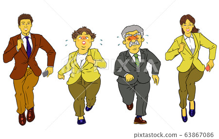 Running chubby female employee, senior male office worker, young male and female office worker 4 sets 63867086