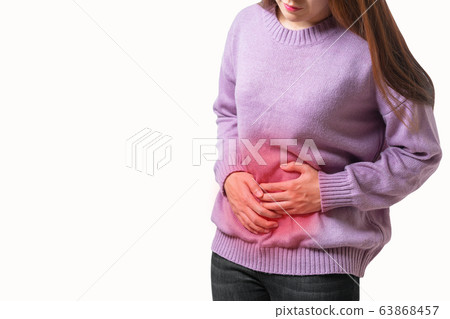 Asian woman having painful stomach ache and She Asian woman having painful stomach ache and She 63868457