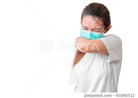 Asian woman coughing  in her elbow and wear 63868512