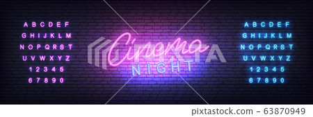 Cinema neon template. Glowing letteing Cinema night label 63870949