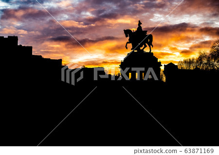 Colorful Sunrise burning sky Koblenz City historic monument German Corner where river rhine and mosele flow together 63871169