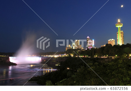 Niagara Falls at dusk with the skyline of the Canadian city of the background Niagara Falls at dusk with the skyline of the Canadian city of the background 63872556