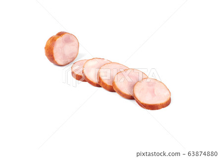 Slices of tasty chicken ham , isolated on white background 63874880