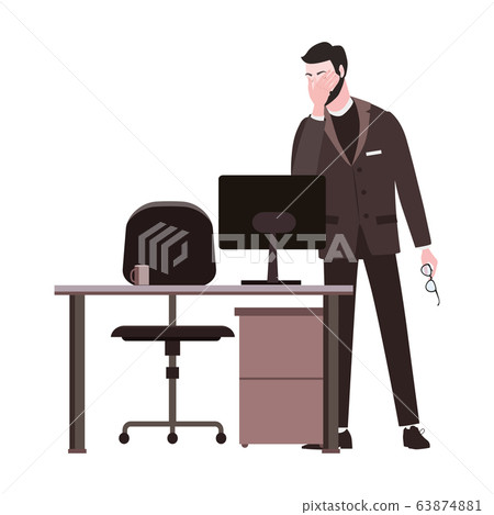 Businessman with facepalm gesture. Headache, disappointment or shame sad stressed face, worry disappointed expression office desk with computer. Cartoon style vector illustration isolated