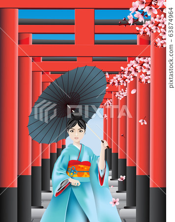 Japanese girl walks between wooden pillars Japanese girl walks between wooden pillars 63874964
