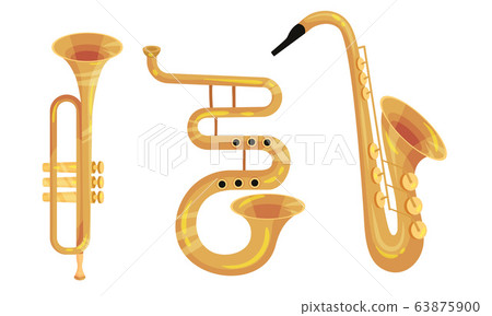 Wind Musical Instruments with Trumpet and Saxophone Vector Set 63875900