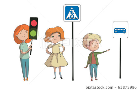 Kid Characters Standing Near Direction Signs Vector Set 63875986