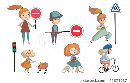 Kid Characters Walking and Cycling Across the Road Vector Set 63875987