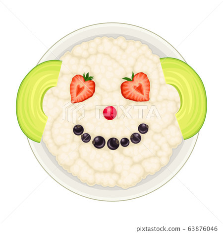 Appetizing Breakfast with Porridge and Berries Arranged in Smiley Face Above View Vector Illustration 63876046