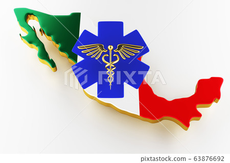 Caduceus sign with snakes on a medical star. Map of Mexico land border with flag. 3d rendering 63876692