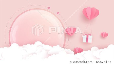 Lovely pink background with heart balloons, gift, clouds and big glass cover on pink. Paper art. Lovely pink background with heart balloons, gift, clouds and big glass cover on pink. Paper art. 63878187
