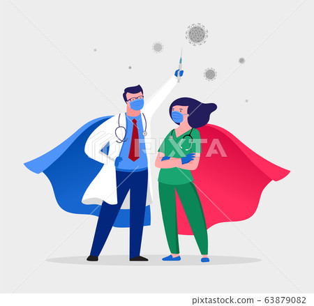 Super doctor and nurse wearing medical masks and capes, superhero couple, vector cartoon 63879082