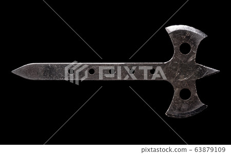 Scratched steel throwing axe on black background Scratched steel throwing axe on black background 63879109