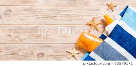 Top view of summer beach staff with copy space. Top view of summer beach staff with copy space. 63879171