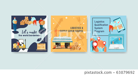 Logistics ads design with men, box, warehouse, map - Stock Illustration ...