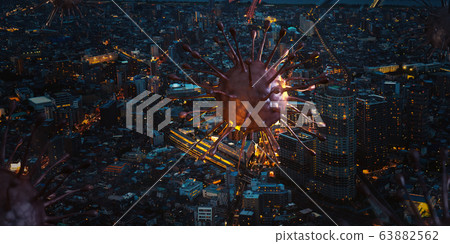 Corona virus covid-19 over the city night view, it's a concept of the virus spread in big city, 3d rendering background 63882562