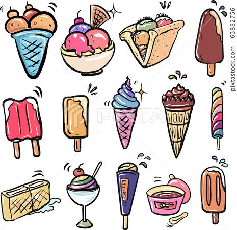 Ice cream set is vector illustration, freehand drawn on white background, dessert and food concept. 63882756