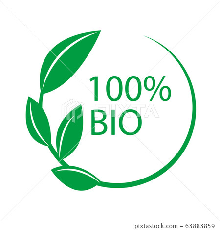 100 percent bio circular label. Abstract circle from green leaves logo element vector design. Ecology simple flat sticker natural symbol. 63883859