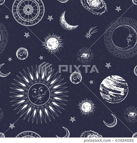 Seamless pattern. The face of the sun and moon. Eye with rays, planets, comets, stars. Seamless pattern. The face of the sun and moon. Eye with rays, planets, comets, stars. 63884088