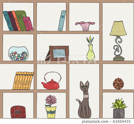 Wooden book shelves pattern background. Different colorful hand drawn items Wooden book shelves pattern background. Different colorful hand drawn items 63884435