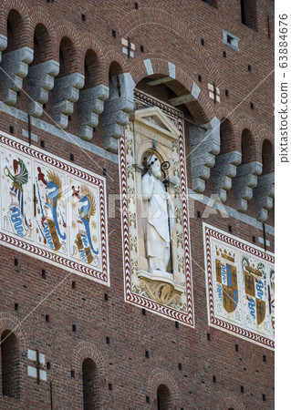 Elements of the architecture of the ancient Castle of Sforza in Milan Italy.  63884676