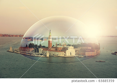 Italy, Venice - 2020. Grand Canal with gondolas. View of the island of Giudecca under the dome. Italy, Venice - 2020. Grand Canal with gondolas. View of the island of Giudecca under the dome. 63885359