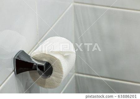 roll of white toilet paper hangs in the toilet 63886201