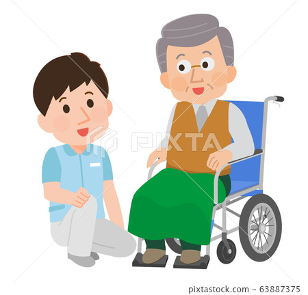 Illustration of a male caregiver cuddling with a wheelchair grandfather 63887375