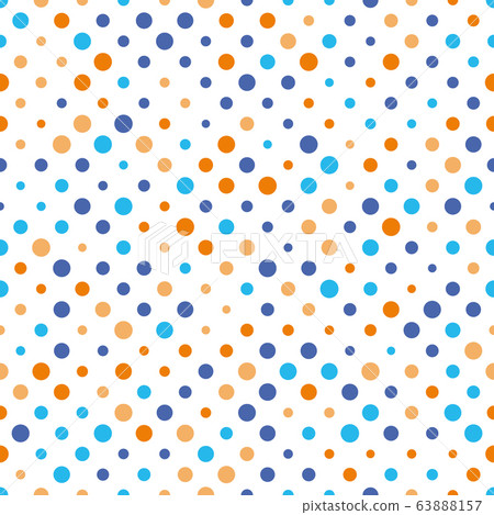 Seamless polka dot pattern. Orange and blue dots in random sizes on white background. Vector illustration 63888157