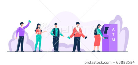 Cartoon positive people standing in queue to atm vector flat illustration Cartoon positive people standing in queue to atm vector flat illustration 63888584