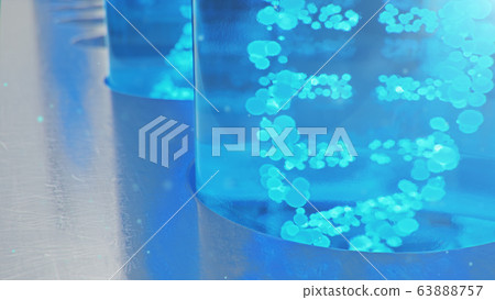 DNA molecule, its structure. Concept human genome. DNA molecule with modified genes. Conceptual illustration of a dna molecule inside a glass test tube with liquid. Medical equipment, 3D illustration 63888757