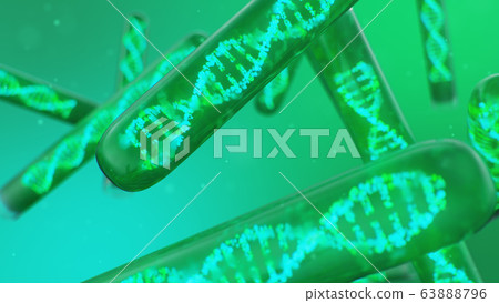 DNA molecule, its structure. Concept human genome. DNA molecule with modified genes. Conceptual illustration of a dna molecule inside a glass test tube with liquid. Medical equipment, 3D illustration 63888796